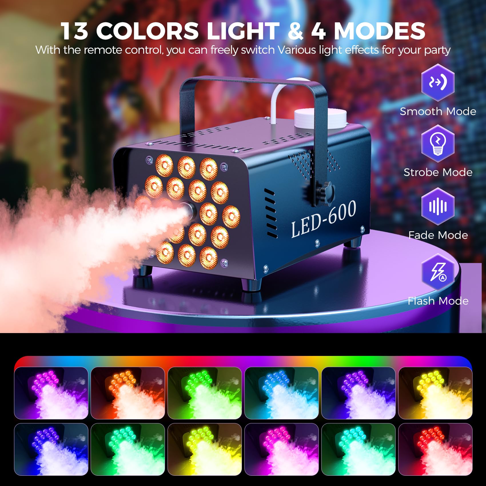 MLIKOEU Fog Machine Smoke Machine, 18 LED Lights with 13 Colors, 600W and 2500CFM Fog, Wireless&Wired Remote control, Perfect fo